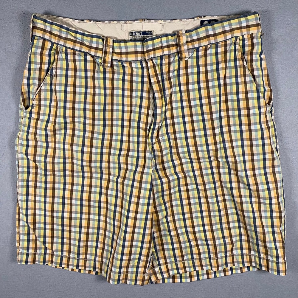 Vintage Old Navy Mens 36 Plaid Shorts Multicolor‎ Gingham Yellow Blue Cotton - Picture 1 of 11